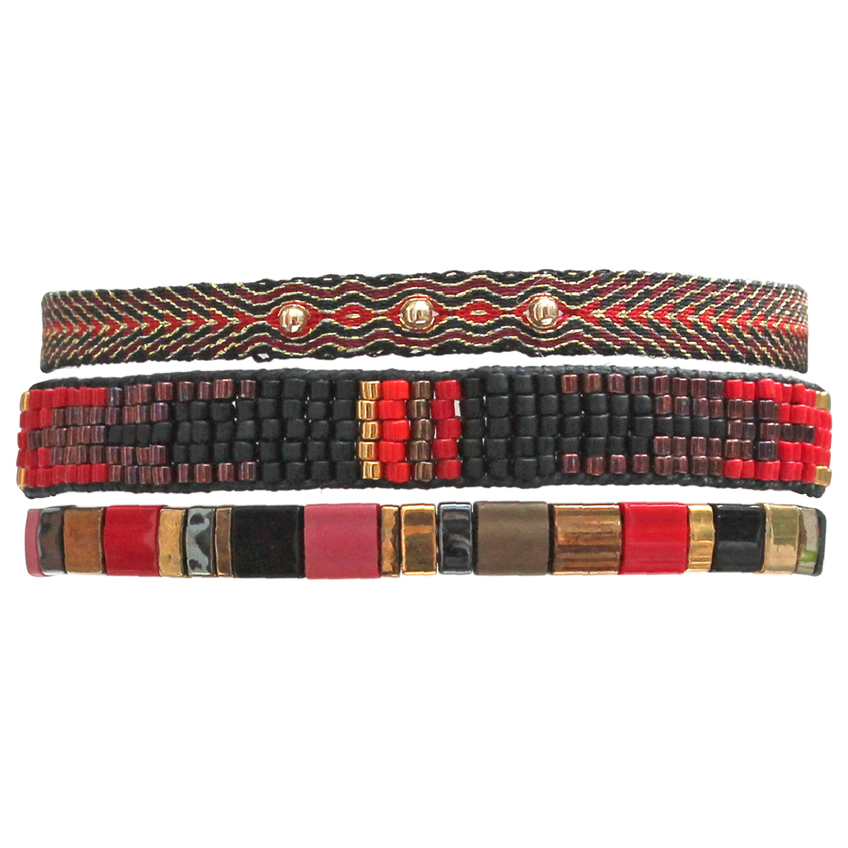 SET OF THREE BRACELETS IN BLACK GOLD AND RED TONES