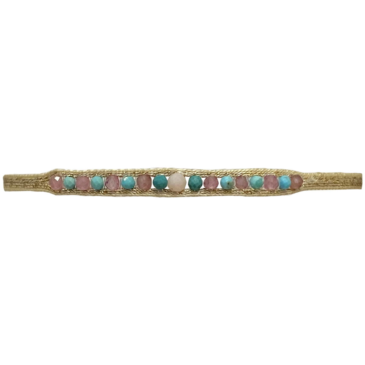 This LeJu bracelet has been handwoven in Colombia by our team of artisans using polyester threads featuring pink opal, turquoise and pink tourmaline stones.  A delicate bracelet in an elegant design. This handmade beauty is the perfect gift for someone special.  Details:  - Pink opla, turquoise and pink toumaline semi-precious stones  - Handwoven using polyester threads  - Width 3mm  -Women bracelet  - Adjustable bracelet  -Can be worn in the  water