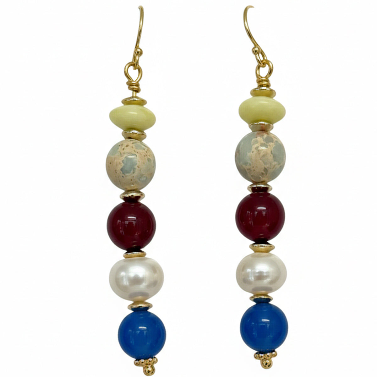 Oceana drop earrings with colourful stones, freshwater pearls and gold-filled findings