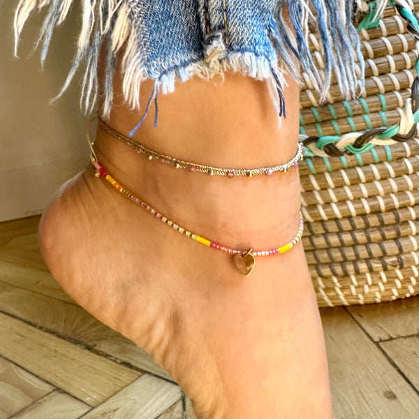 HANDMADE ANKLET FEATURING GOLD AND PINK TOURMALINE STONE