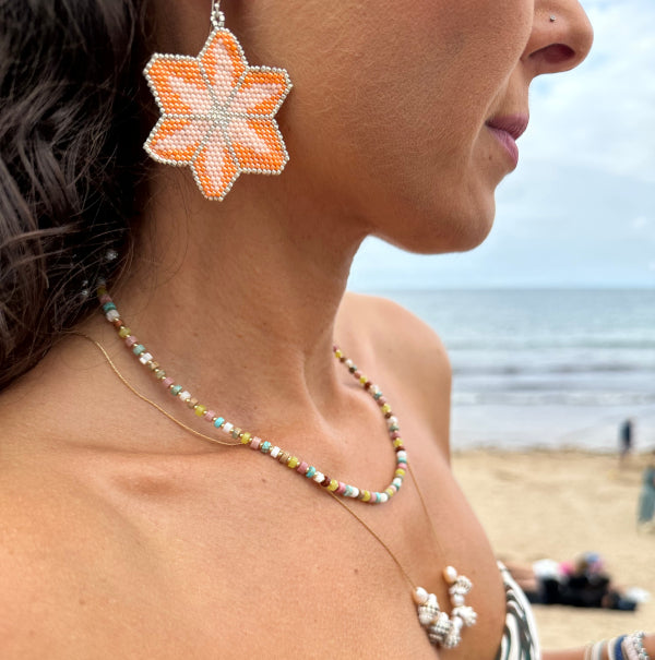 HANDMADE FLOWER EARRINGS IN BRIGHT PINK AND ORANGE TONES