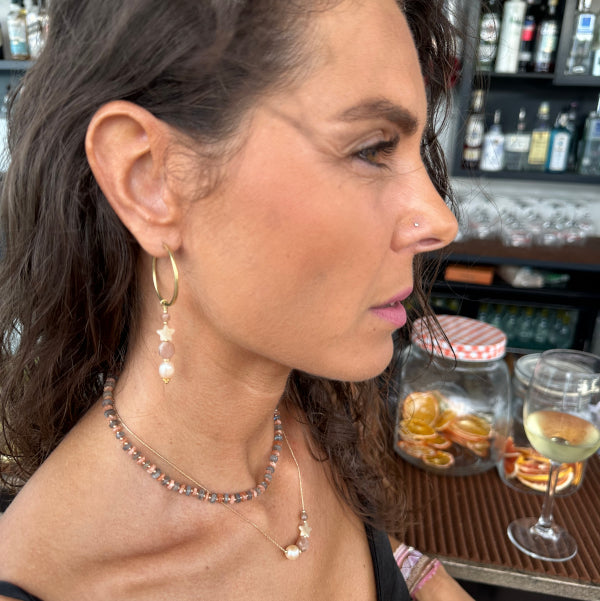 HOOP EARRINGS FEATURING PEACH SUNSTONE SEMI-PRECIOUS STONES, MOTHER OF PEARL AND FRESHWATER PEARLS