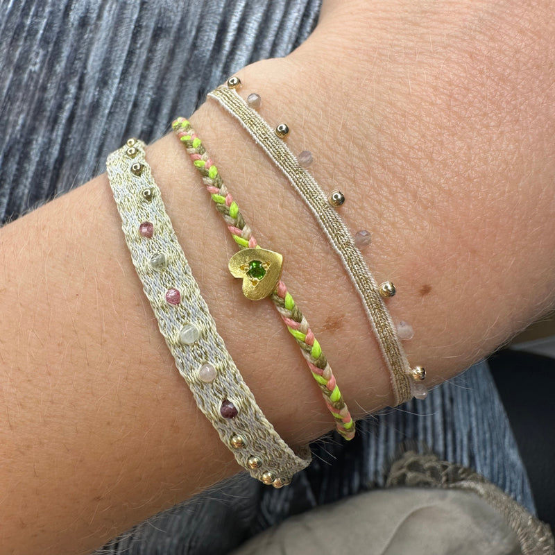 HANDMADE HEART BRACELET IN NEON TONES FEATURING A GREEN ONYX STONE
