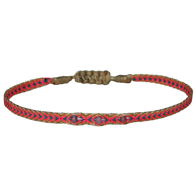 HANDWOVEN BRACELET WITH 3 PINK TOURMALINE  STONES IN PINK TONES
