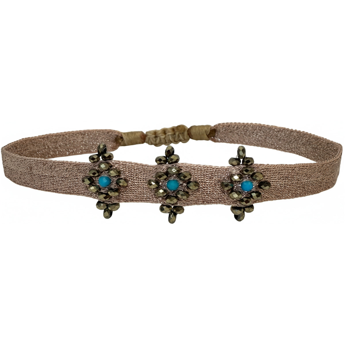 Emma bracelet with turquoise and hematite on a rose-toned woven band