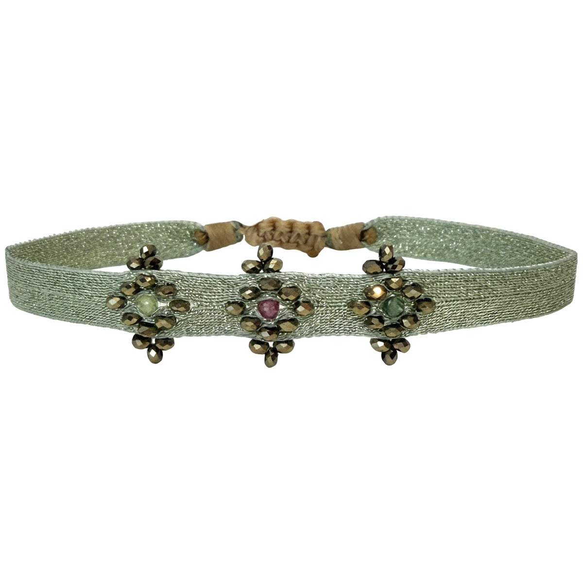 Emma bracelet with watermelon tourmaline and hematite on a pale green woven band