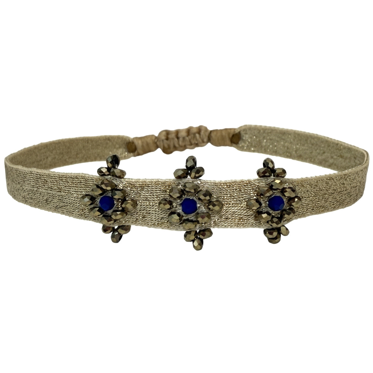 Emma bracelet with lapis lazuli and hematite on a pale gold woven band