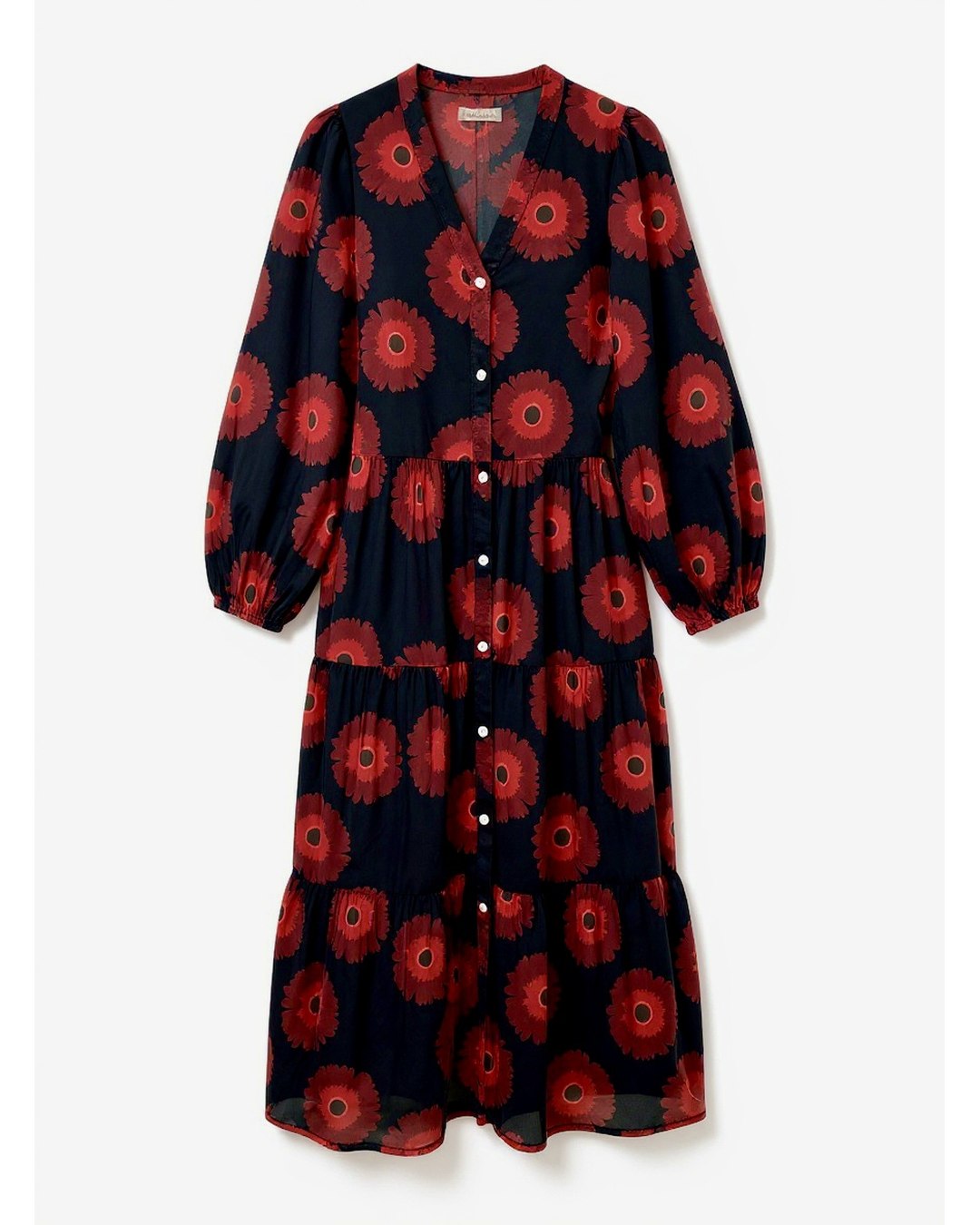Red floral cotton maxi dress with navy background, V neckline and tiered skirt
