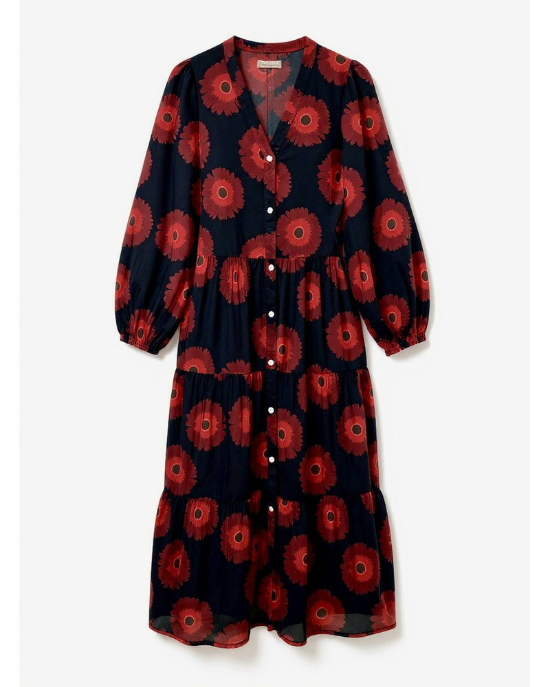 Red floral cotton maxi dress with navy background, V neckline and tiered skirt