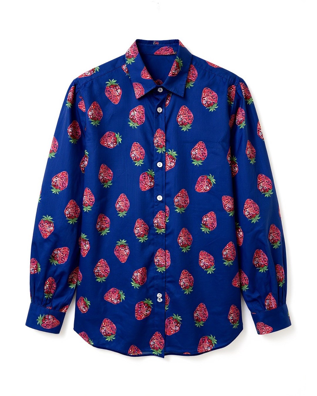 Strawberry Disco Shirt in cobalt blue with red and pink strawberries