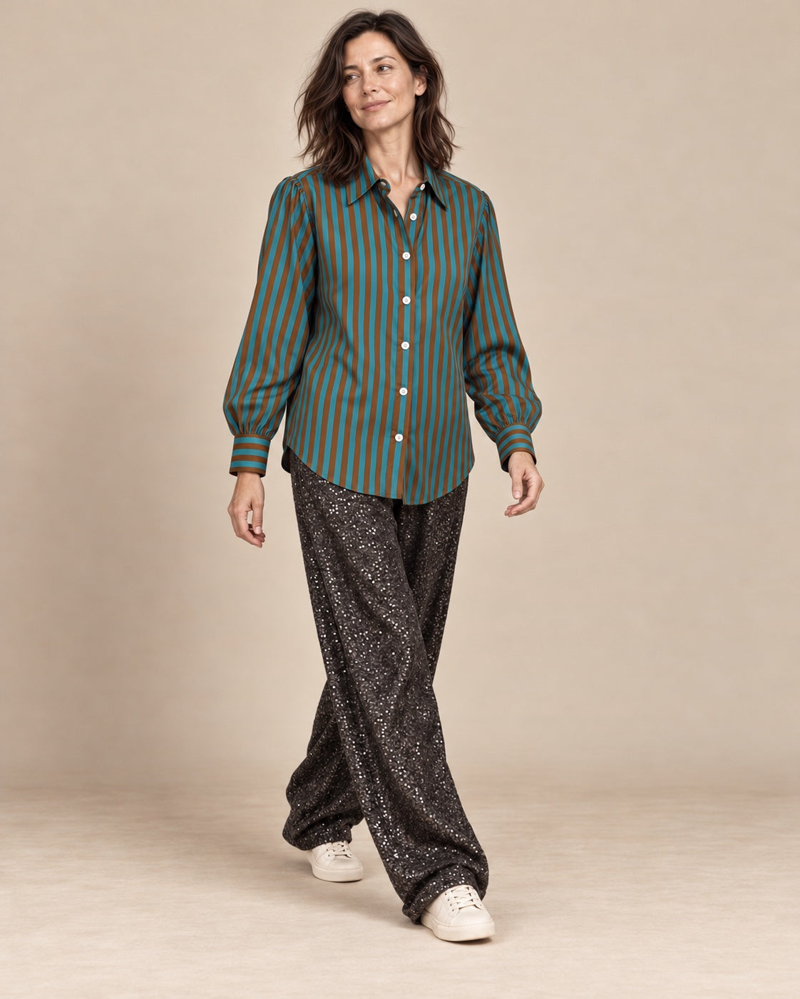 Turquoise and brown striped cotton shirt styled with sequinned trousers