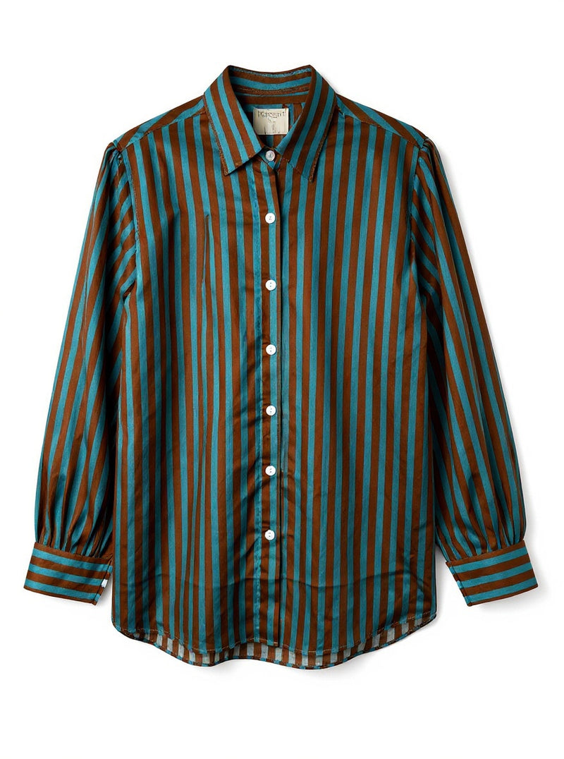 Turquoise and brown striped cotton shirt, front view