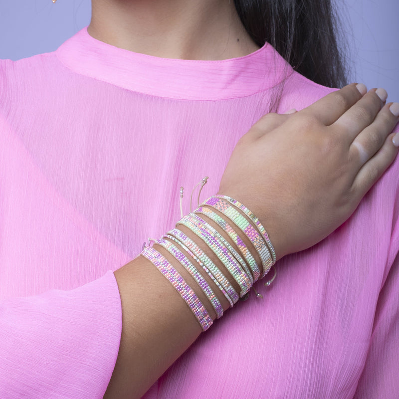 HANDMADE BEADED BRACELET IN NEON TONES WITH SILVER DETAIL