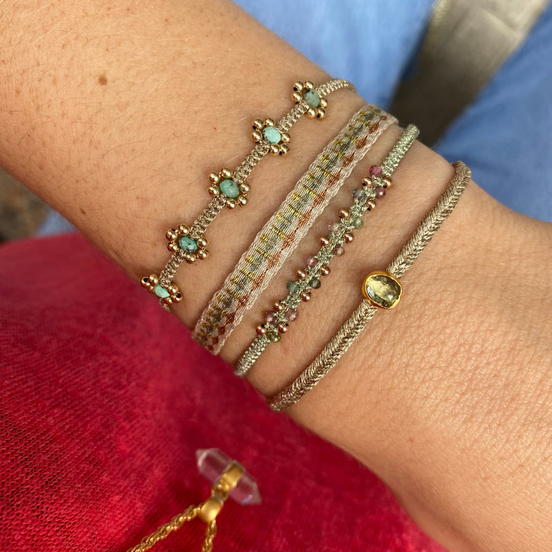 HANDMADE NORA BRACELET IN METALLIC GREEN WITH WATERMELON TOURMALINE SEMI-PRECIOUS STONES