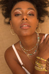 COLOURFUL BEADED NECKLACE WITH MIXED SEMI-PRECIOUS STONES ON MODEL