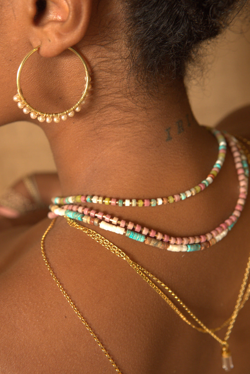 COLOURFUL BEADED NECKLACE WITH MIXED SEMI-PRECIOUS STONES ON MODEL