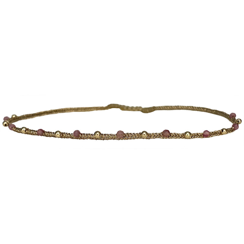This unique Anklet design it is habdmade by our team of master artisans using metallic threads, pink tourmaline semi-precious stones and 14K gold filled beads. You can wear it under the water as we work with high quality materials.  Perfect for your summer holidays or to wear  with your favourite jeans  Details:  - Metallic threads  -Pink tourmaline semi-precious stones  - 14K gold filled beads  - Anklet adjustable Bracelet  -Width: 3mm  -Size closed is 20cm and open 32cm  -Can be worn in the  water