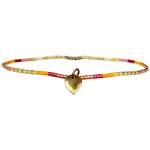 HANDMADE ANKLET BRACELET IN BRIGHT TONES WITH BRONZE HEART CHARM