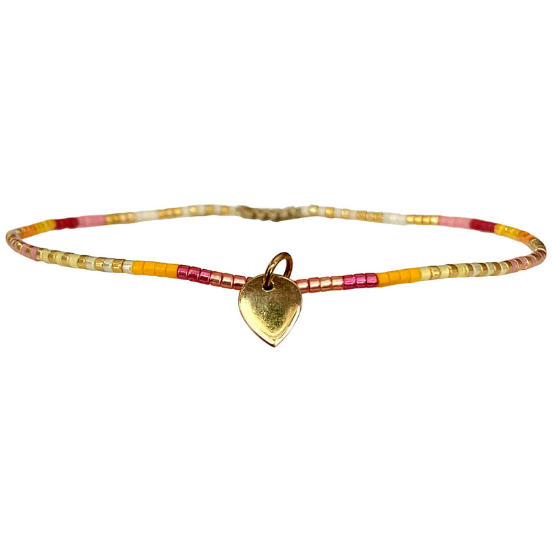 HANDMADE ANKLET BRACELET IN BRIGHT TONES WITH BRONZE HEART CHARM