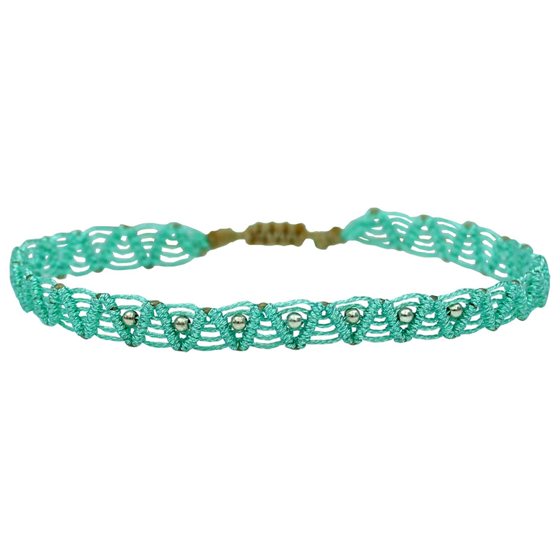 MACRAME ANKLET IN METALLIC GREEN TONES WITH SILVER BEADS