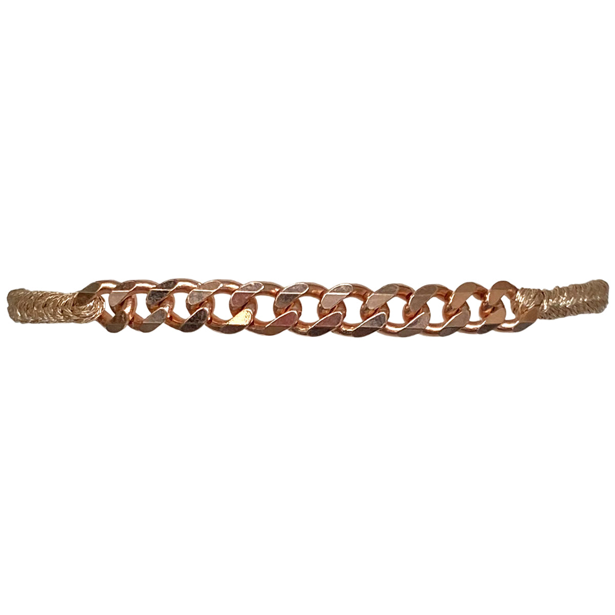 This delicate bracelet has been handwoven in Colombia by our team of master artisans using metallic threads. It features a strap in copper tones with a central chain in 24 rose gold vermeil. This femenine design looks great worn solo or stacked with other pieces.  Details:      24 rose gold vermeil centerpiece     Metallic threads     Adjustable handwoven bracelet     Width 5mm