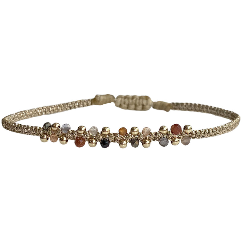 This stunning Nora bracelet will look great on everyone. It can be worn from day to night and with the dramatic centre of Intermixed semi-precious stones & 14K gold, it will illuminate any look. It has been handwoven in Colombia by our team of artisans and features an adjustable pull cord to ensure the perfect fit for all wrists.      Turquoise semi-precious stones     Handwoven metallic threads     Adjustable pull cord     Width 4mm     Can be worn in the  water