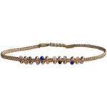      Intermixed semi-precious stones     14 K rose gold filled beads     Handwoven metallic threads     Adjustable pull cord     Width 4mm     Can be worn in the  water