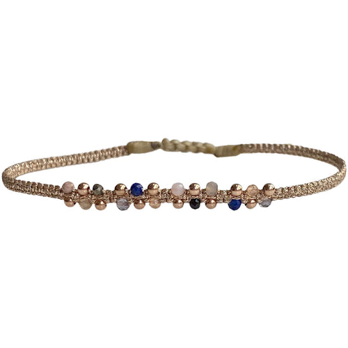      Intermixed semi-precious stones     14 K rose gold filled beads     Handwoven metallic threads     Adjustable pull cord     Width 4mm     Can be worn in the  water