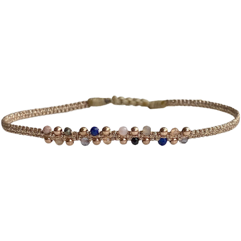      Intermixed semi-precious stones     14 K rose gold filled beads     Handwoven metallic threads     Adjustable pull cord     Width 4mm     Can be worn in the  water