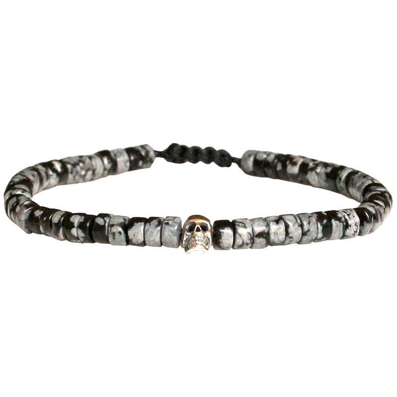 SILVER SKULL BRACELET WITH SNOWFLAKE OBSIDIAN STONES FOR HIM
