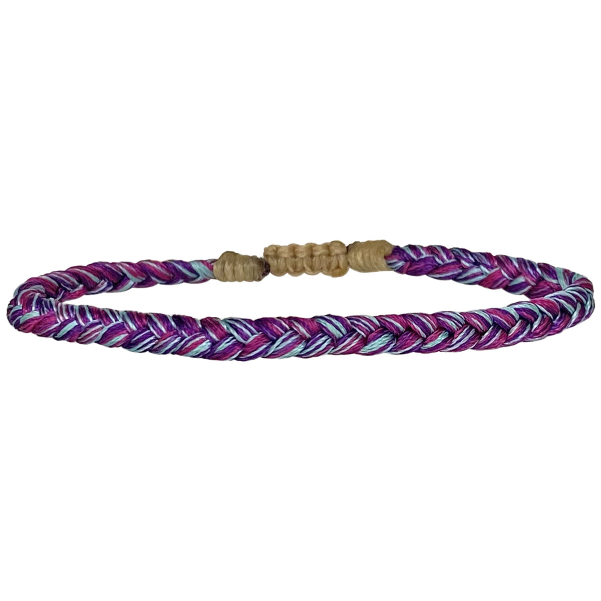 This bracelet is handwoven by our team of master artisans using polyester threads featuring a trenza design in purple and blue tones. This kids's bracelet is cool and comfortable perfect to wear everyday.  This bracelet looks great worn solo or layered with other pieces.  Details:      Polyester threads     Kids's bracelet     Adjustable bracelet     Width 4mm     Can be worn in the water