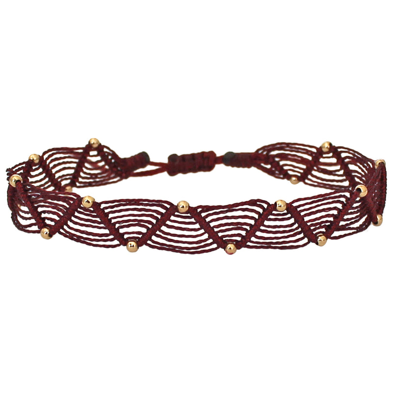 HANDMADE WEB BRACELET IN BURGUNDY AND GOLD TONES