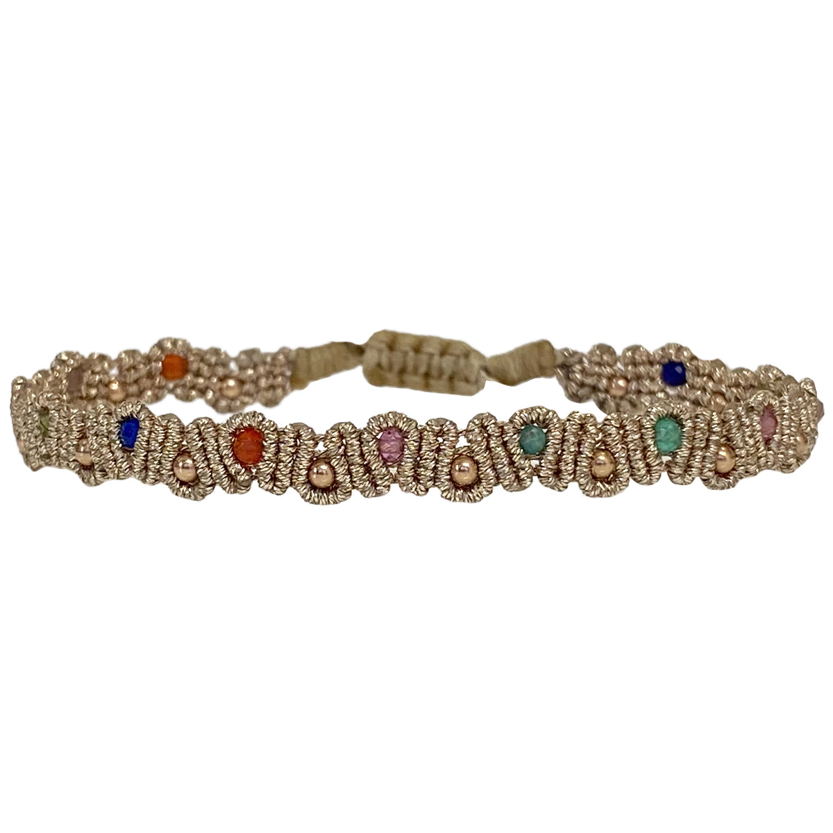 If you wish for simple elegance and versatility this handmade bracelet is just for you. It is handwoven by our team of artisans using intermixed semi-precious stones, 14K rose gold filled beads and metallic threads.  Details:  - Women bracelet  - Rose gold filled beads  - Semi precious stones  -Adjustable bracelet  -Width: 5mm  -Can be worn in the water