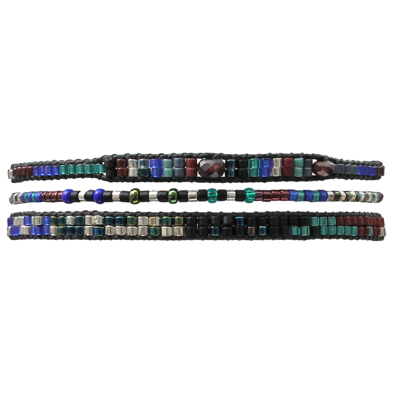 SET OF THREE HANDWOVEN BEADED BRACELETS IN BLUE AND BLACK