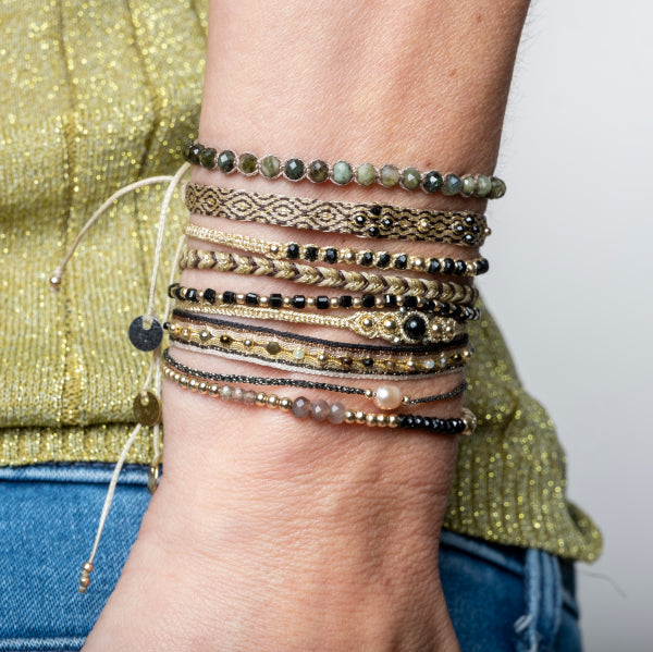 HANDWOVEN HOLLY BRACELET FEATURING SPINEL STONES AND GOLD
