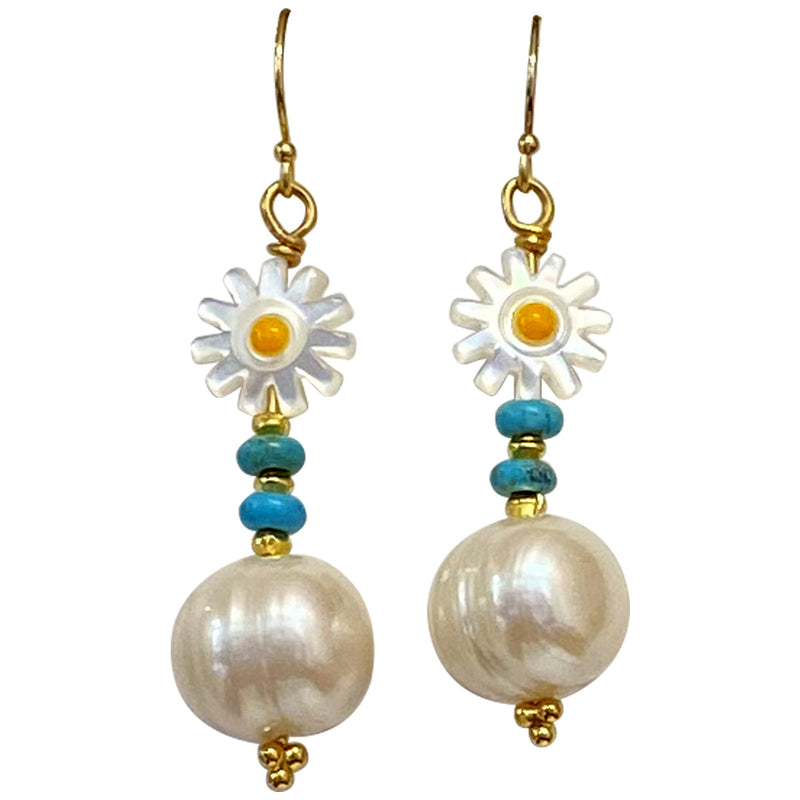 This delicate earrings are handmade by our team of master artisans and decorated with vermeil beads, turquoiose semi-precious stones, mother of pearl flowers and freshwater pearls. Pull your hair back to allow them to really shine.     Details:  - Handmade earrings  - 14K gold filled hooks  -Lenght: 40 mm  -Turquoise, mother of pearl and freshwater pearls  -Vermeil Beads