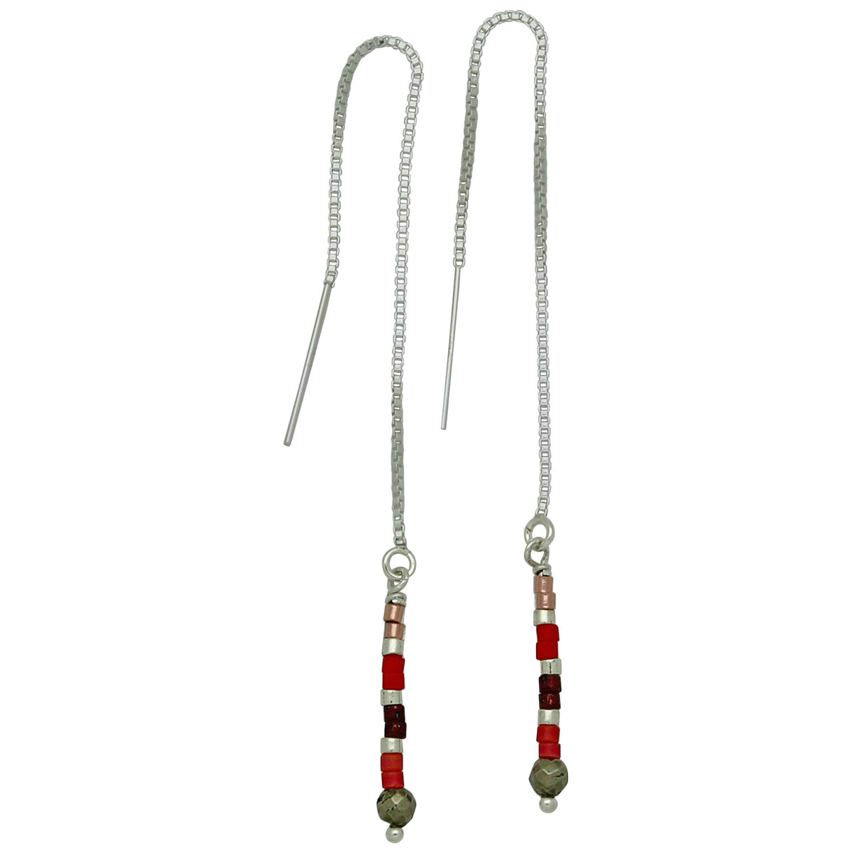 CHAIN EARRINGS IN STERLING SILVER AND RED TONES