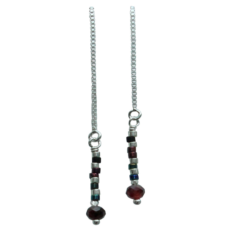 STERLING SILVER CHAIN EARRINGS IN AQUA AND BURGUNDY