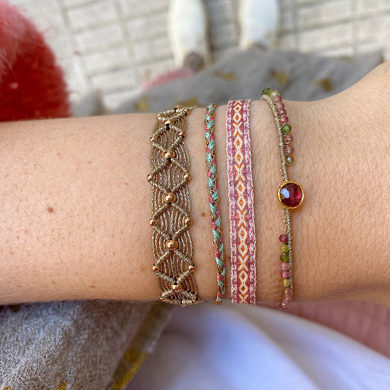 HANDMADE PEACOCK PINK TOURMALINE STONE BRACELET ON MODEL