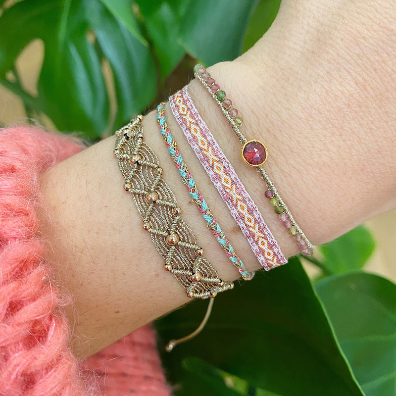 HANDMADE PEACOCK PINK TOURMALINE STONE BRACELET ON MODEL