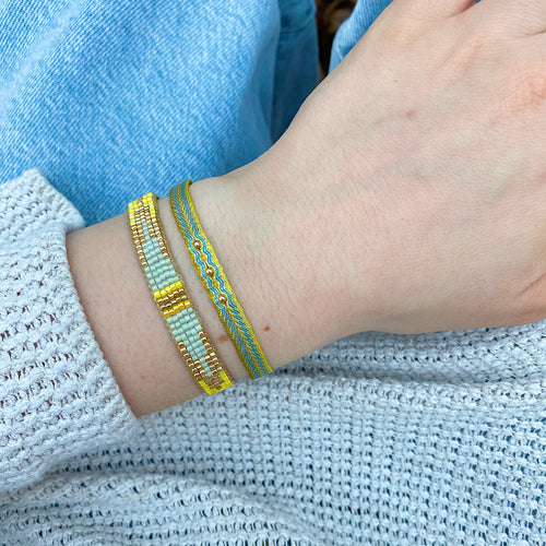 SET OF TWO HANDMADE BRACELETS IN GREEN AND YELLOW TONES