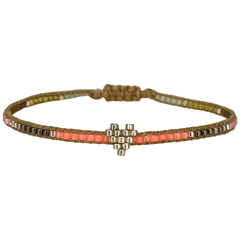 HANDWOVEN HEART BRACELET IN BRIGHT TONES AND SILVER