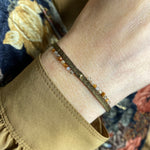 '- Intermixed semi-precious stones  - 14K Rose gold filled bead  - Handwoven using metallic threads  - Width 3mm  -Women bracelet  - Adjustable bracelet  -Can be worn in the  water