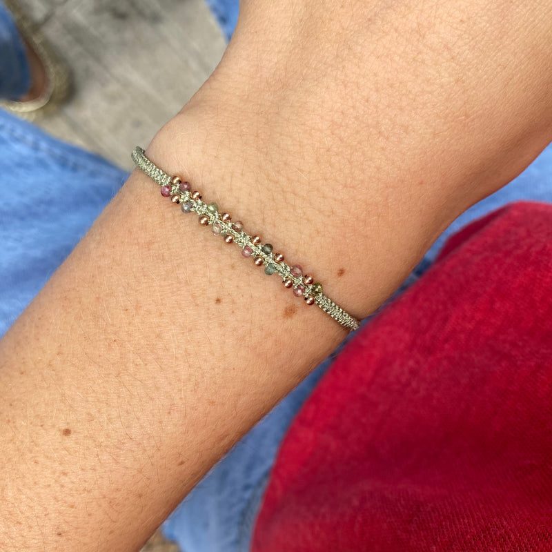 HANDMADE NORA BRACELET IN METALLIC GREEN WITH WATERMELON TOURMALINE SEMI-PRECIOUS STONES