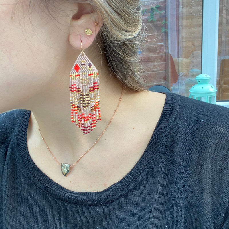 PYRAMID EARRINGS IN SOFT PINK, RED, BURGUNDY & GOLD