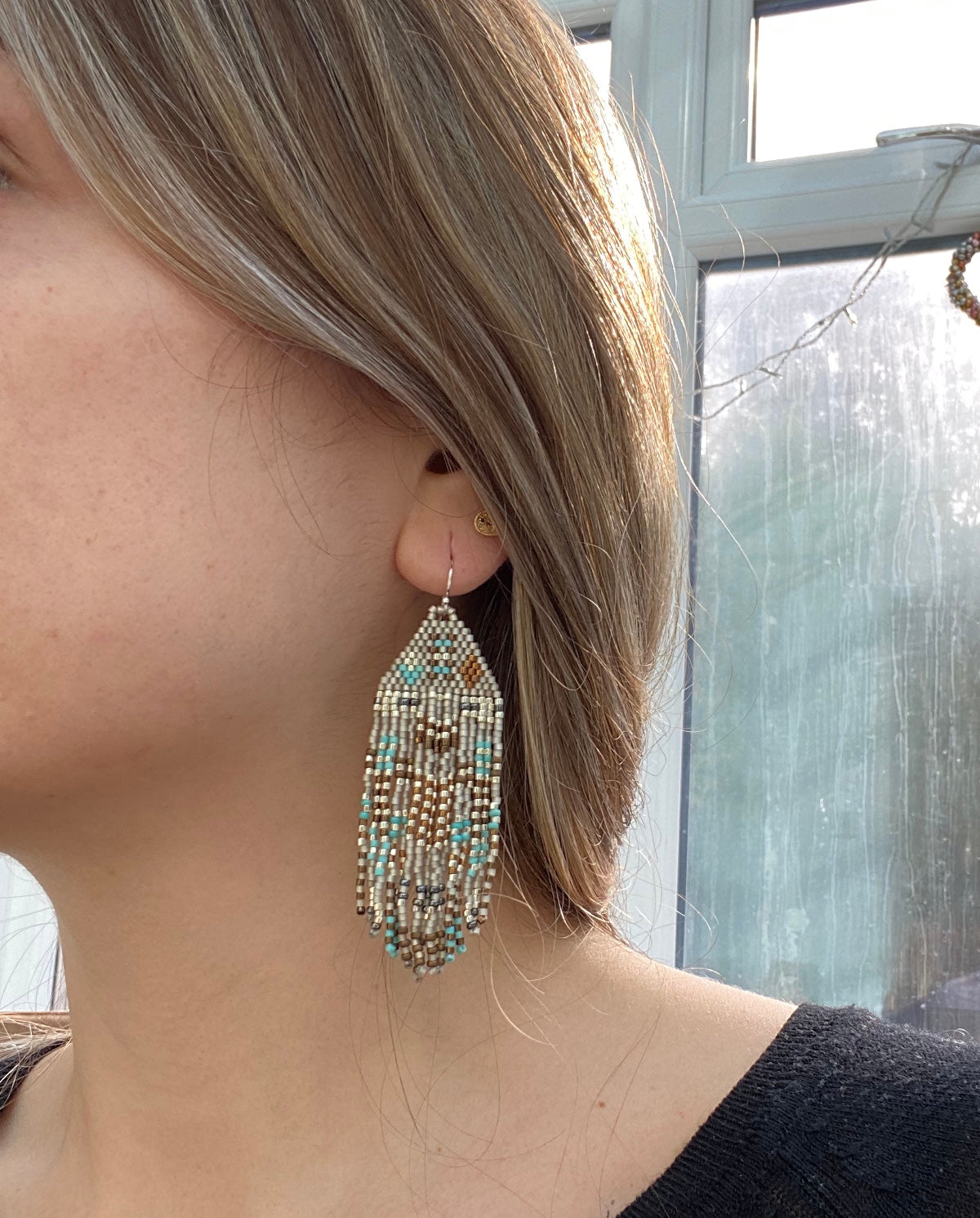 PYRAMID EARRINGS IN TURQUOISE, GREY, BROWN & SILVER