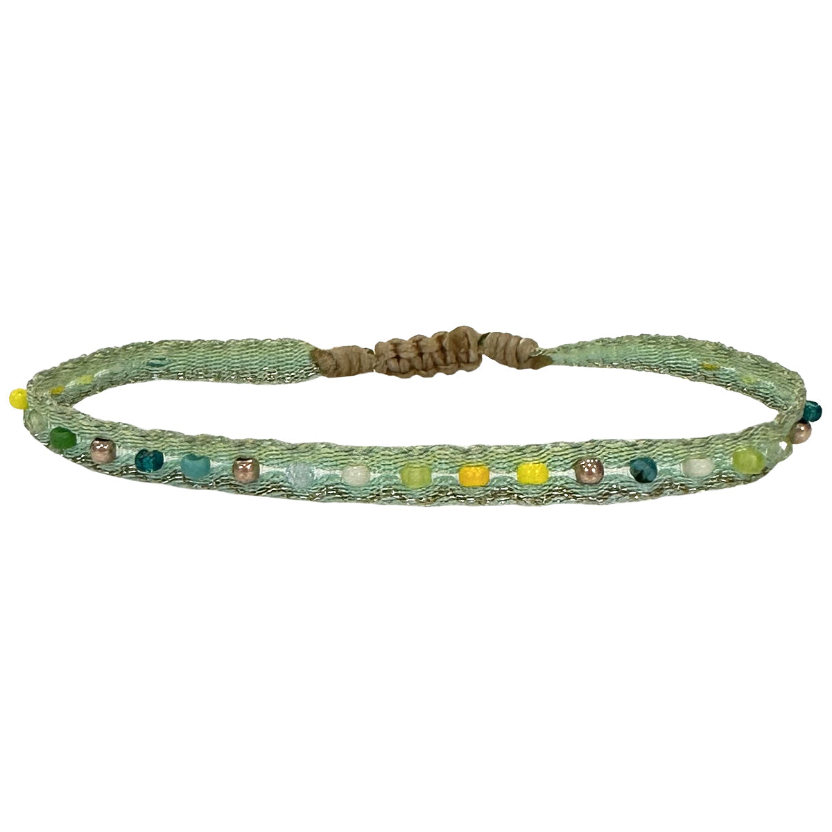COLOURFUL HANDWOVEN BRACELET IN GREEN TONES AND ROSE GOLD DETAILS