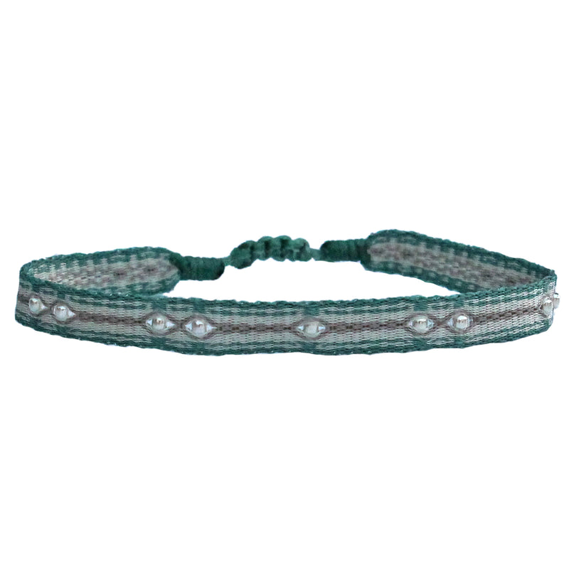 HANDWOVEN BRACELET WITH 9 STERLING SILVER BEADS IN NEUTRAL BLUE TONES