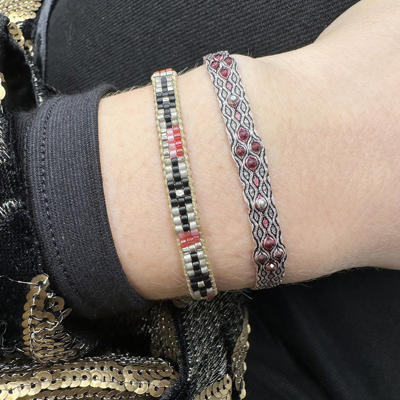 HANDMADE BEADED BRACELET IN BLACK, PINK AND SILVER TONES