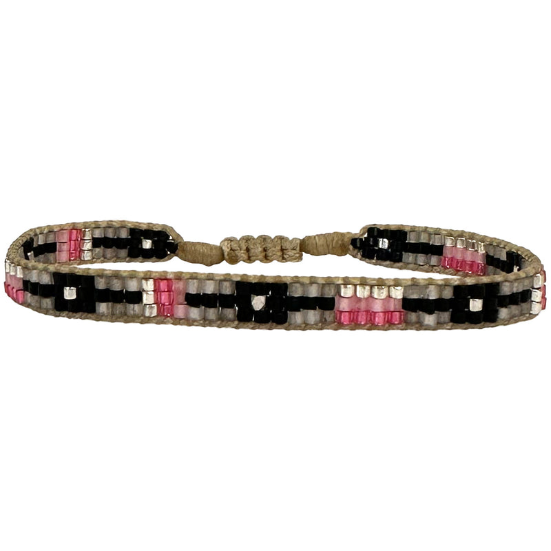 HANDMADE BEADED BRACELET IN BLACK, PINK AND SILVER TONES